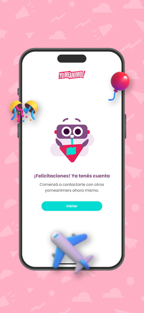 YoMeAnimo! - Welcome screen for the YoMeAnimo app confirming successful account creation for a new travel community member.