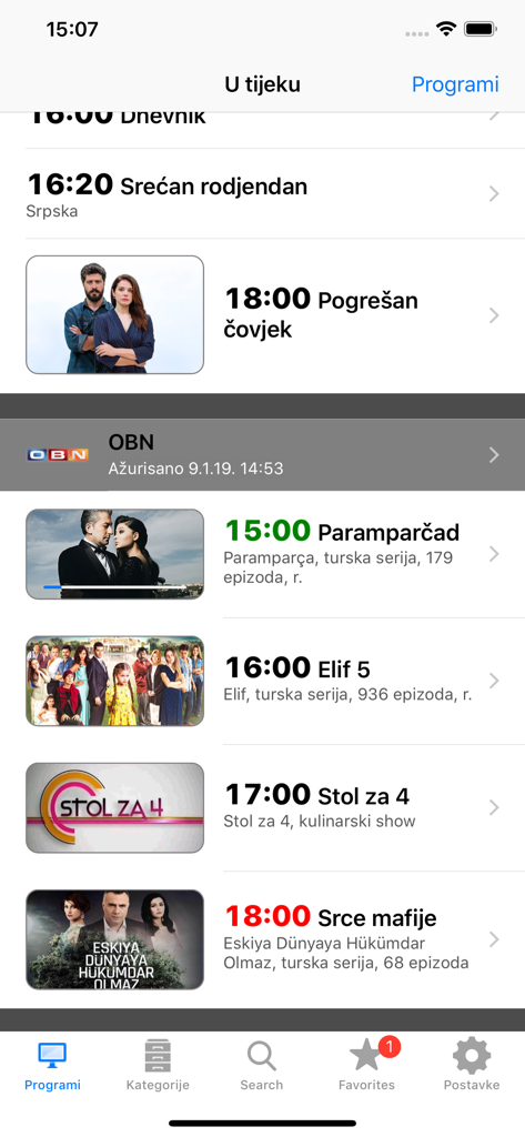 BiH TV - Interface of the BiH TV app showing a list of television programs and schedules for various Bosnian channels.