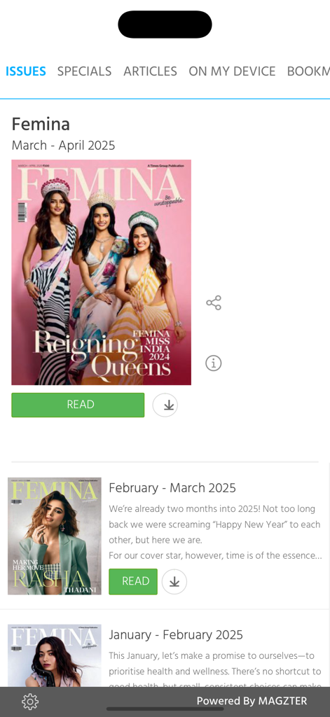 Femina Magazine - A digital library interface of Femina Magazine app featuring current and past issues with covers showing Indian fashion and celebrities