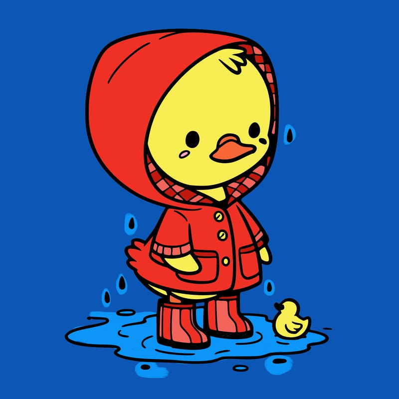baby duck in a rain coat and boots, in a puddle while it’s raining