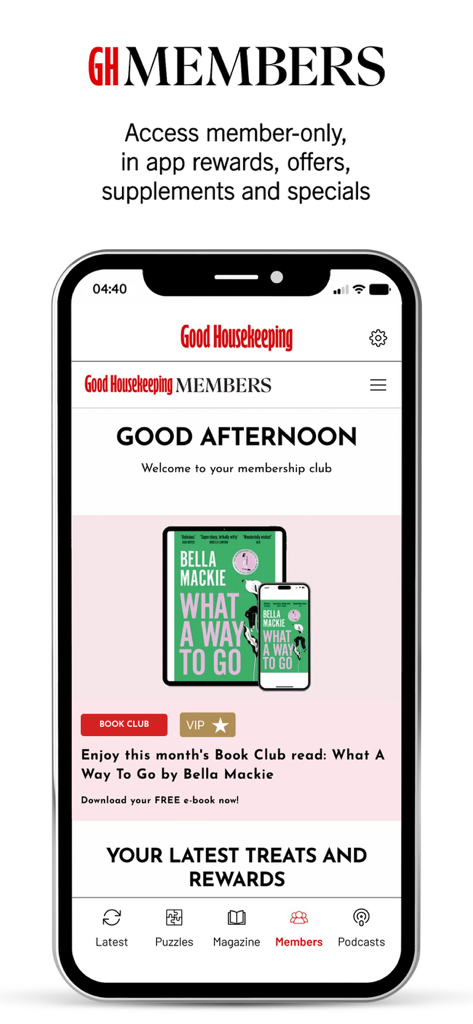 Good Housekeeping UK app membership screen highlighting exclusive rewards and a book club feature