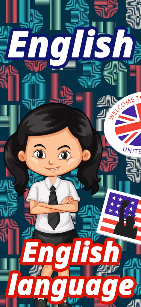 Numbers in English language - Ilustração de uma garota escolar de desenho animado em um fundo com números e bandeiras representando o aprendizado do idioma inglês