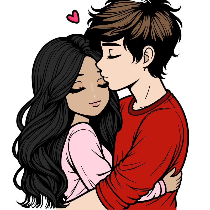a realistic couple boy and girl hugging and kissing