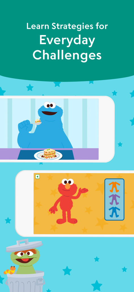 Learn with Sesame Street - Monstruo Comegalletas y Elmo en pantallas enseñando estrategias y rutinas diarias.