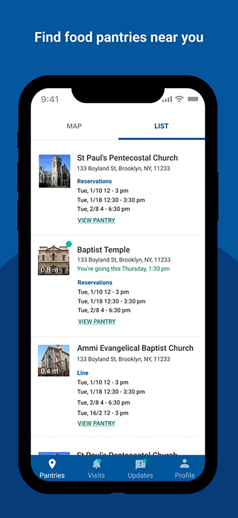 The Plentiful app interface showing a list of available food pantries and reservation times in Brooklyn