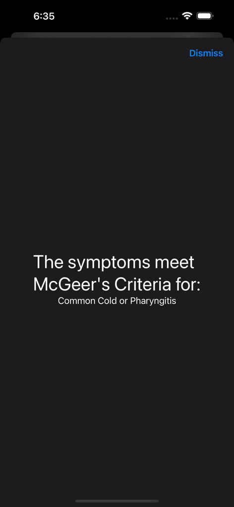 Infection Checker - Screen showing symptoms meet McGeer's Criteria for common cold or pharyngitis