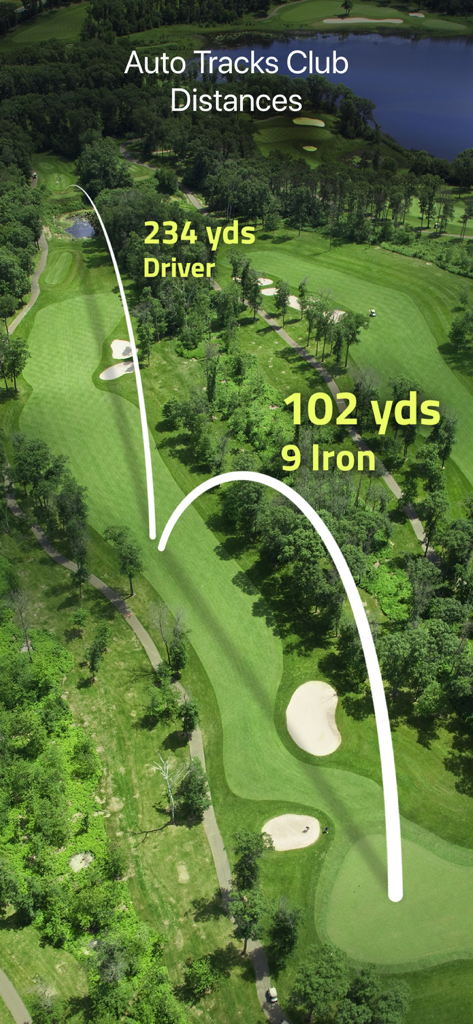 Visão aérea de um buraco de golfe mostrando distâncias rastreadas automaticamente para um driver e um 9 iron usando o aplicativo Golf GPS plus
