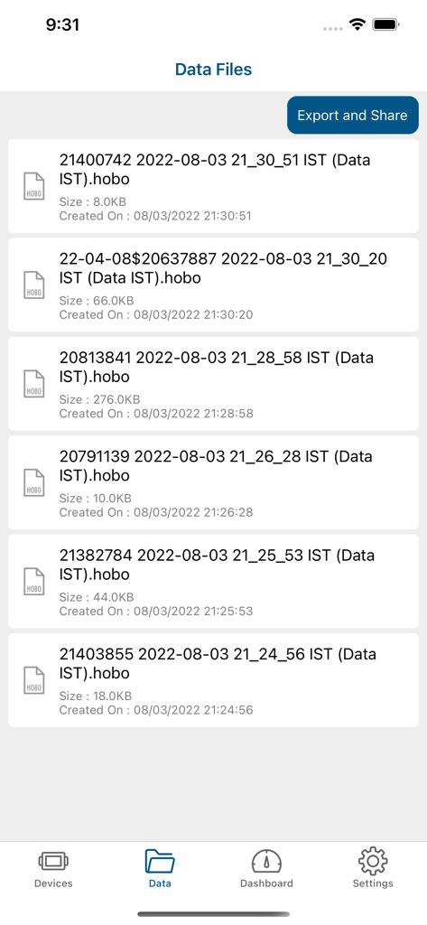 HOBOconnect App-Oberfläche mit einer Liste aufgezeichneter Datendateien von Umweltsensoren mit Optionen zum Exportieren und Teilen