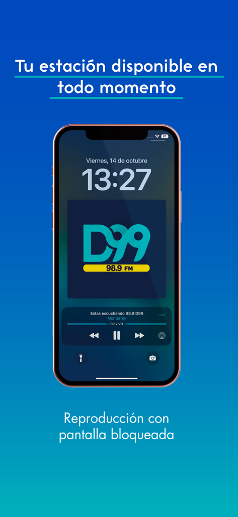 D99 - Pantalla de bloqueo del smartphone mostrando el reproductor en vivo de la aplicación de radio D99
