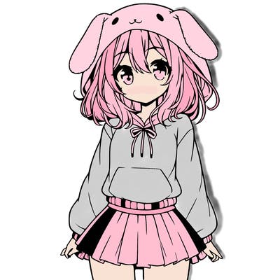 pretty anime girl wearing a fluffy hoodie with bunny ears on the hood and a skirt