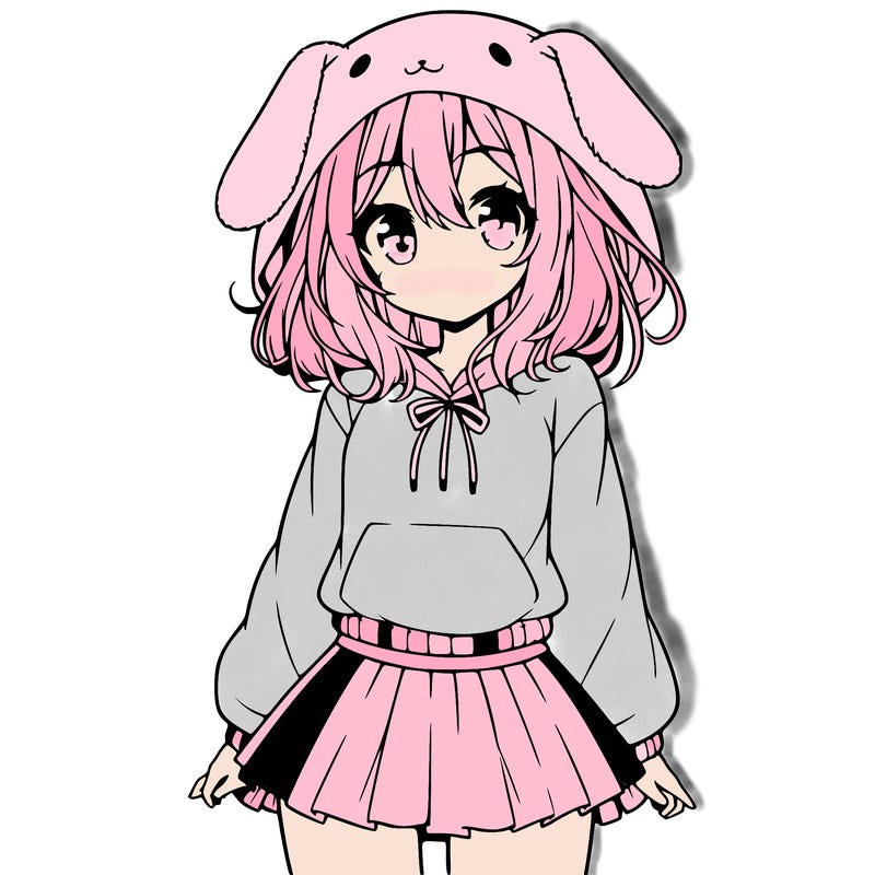 pretty anime girl wearing a fluffy hoodie with bunny ears on the hood and a skirt