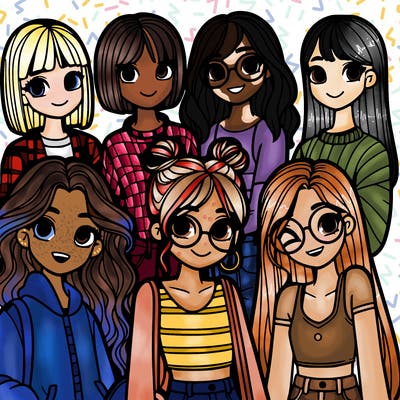 2 girls with long hair and 1 girl with short hair and glasses