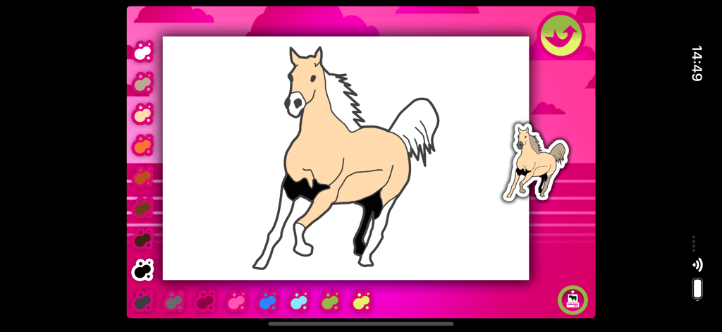 A horse coloring activity interface with various paint colors and a running horse illustration