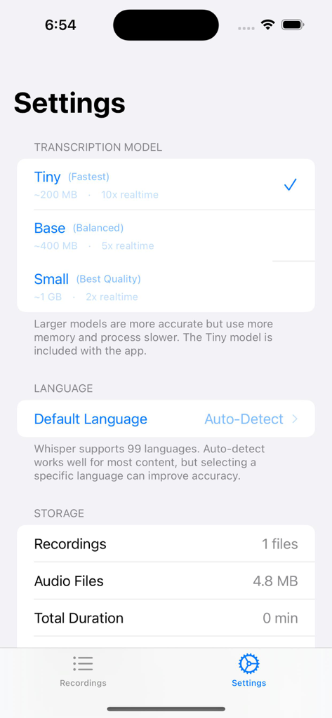 SecureVox - SecureVox app settings screen showing options to choose transcription models and manage language and storage settings.