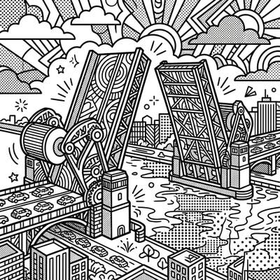 Experience the vibrant energy of a cityscape with this captivating Pop Art Bascule Bridge coloring page. Its bold outlines and halftone patterns offer a unique canvas for your creative coloring journey.