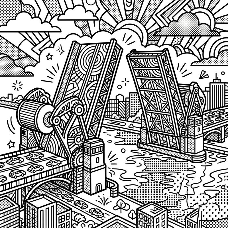 Experience the vibrant energy of a cityscape with this captivating Pop Art Bascule Bridge coloring page. Its bold outlines and halftone patterns offer a unique canvas for your creative coloring journey.