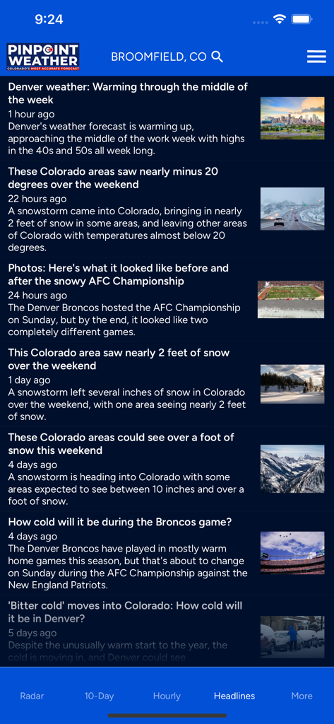 Pinpoint Weather | FOX31 & CW2 - A news feed of local Denver and Colorado weather headlines in the Pinpoint Weather mobile app.