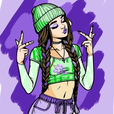 realistic teenage girl with braids and a beanie and crop top doing 🫶🏼