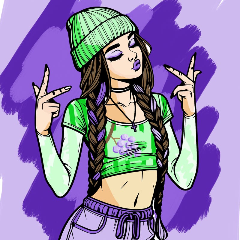 realistic teenage girl with braids and a beanie and crop top doing 🫶🏼