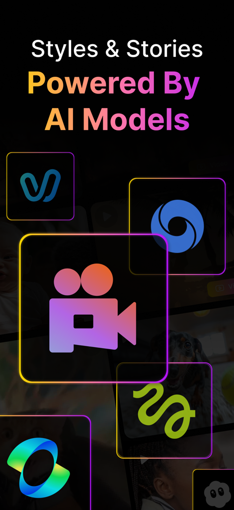 PixGen - AI Video Generator - PixGenアプリのインターフェース、カラフルな輝くアイコンでAIモデルによって強化されたスタイルとストーリーを表示