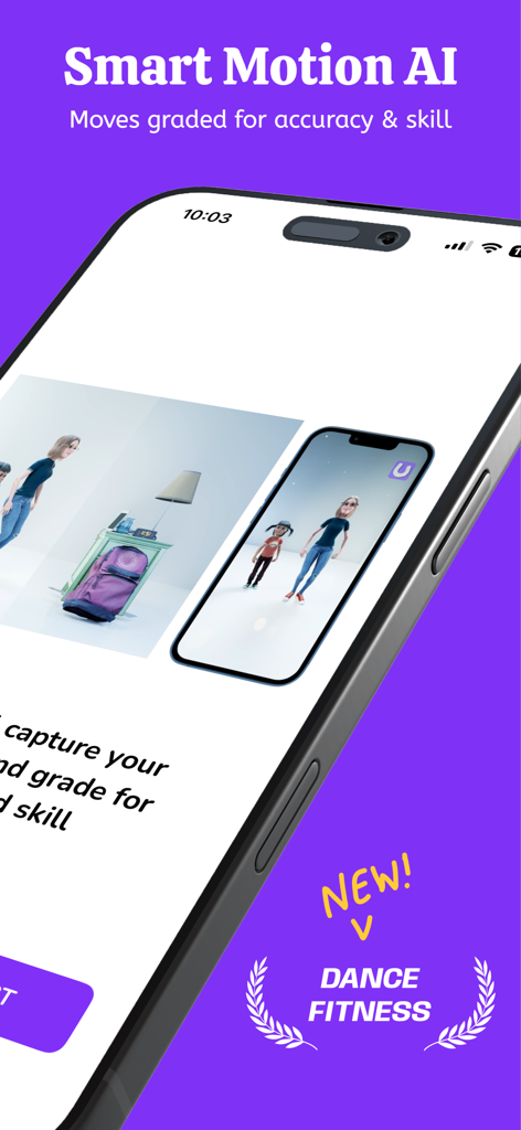 UDOIT: Dance Fitness & Workout - A smartphone displaying the UDOIT app screen highlighting its Smart Motion AI technology for grading dance fitness moves.