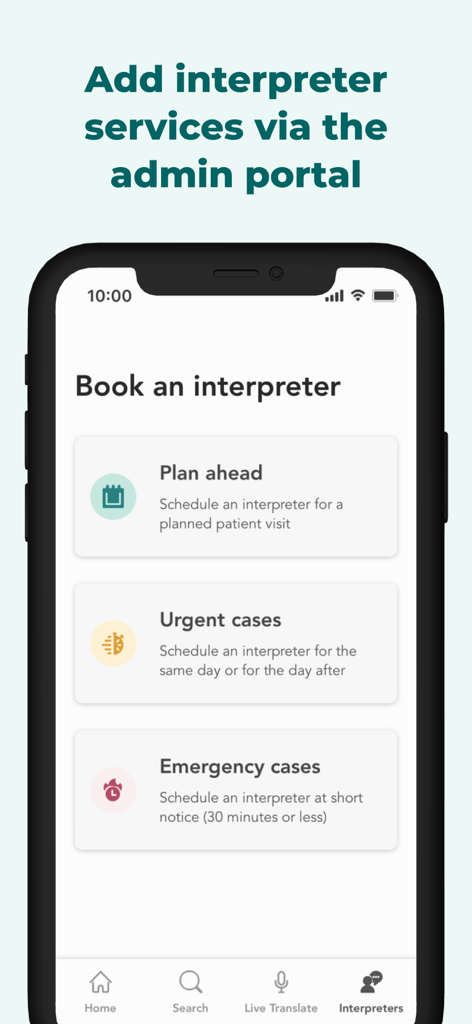 Care to Translate app screen showing options to book medical interpreters for planned urgent and emergency cases