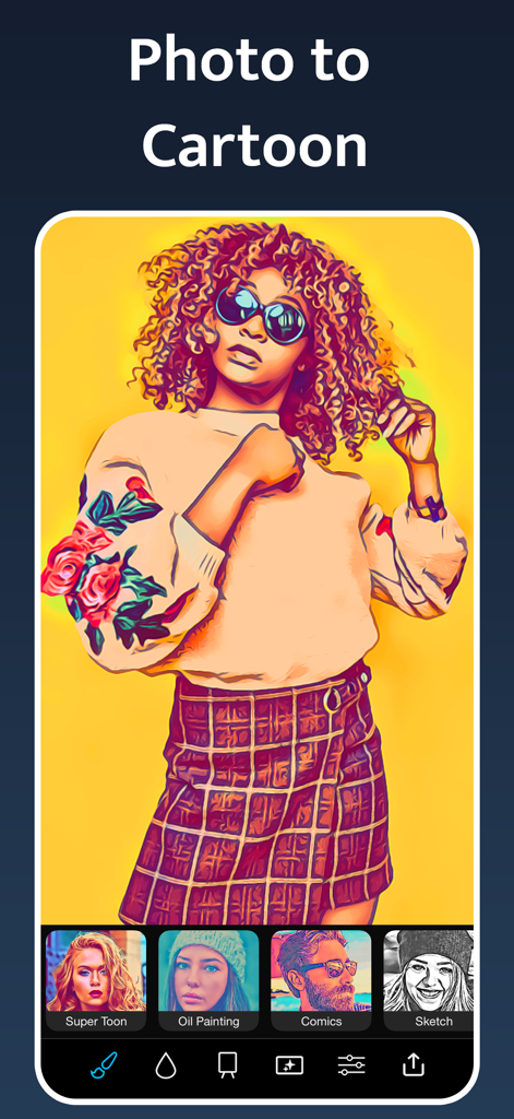 Instant Toon: Cartoon Art Cam - Interfaccia dell'app mobile che mostra una foto trasformata in uno stile cartoon art colorato con varie opzioni di filtri artistici