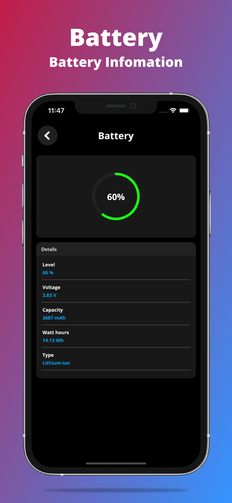 G-CPU:Monitor CPU, RAM, Widget - G-CPU app interface showing detailed battery information including level voltage capacity and watt hours