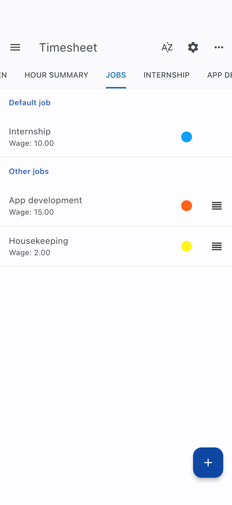 Timesheet app jobs screen showing a list of different work projects with their associated hourly wages