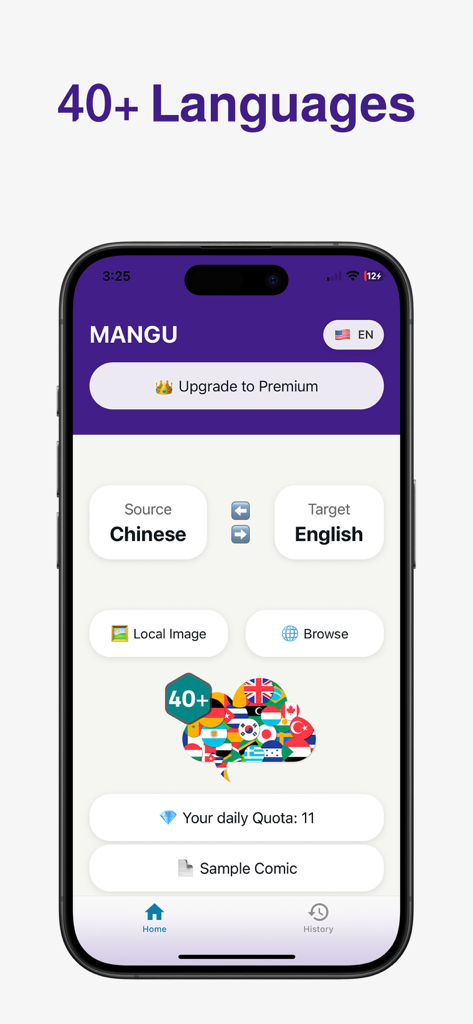 Manga Translator AI: Mangu - Mangu app home screen showing manga translation settings and support for over 40 languages