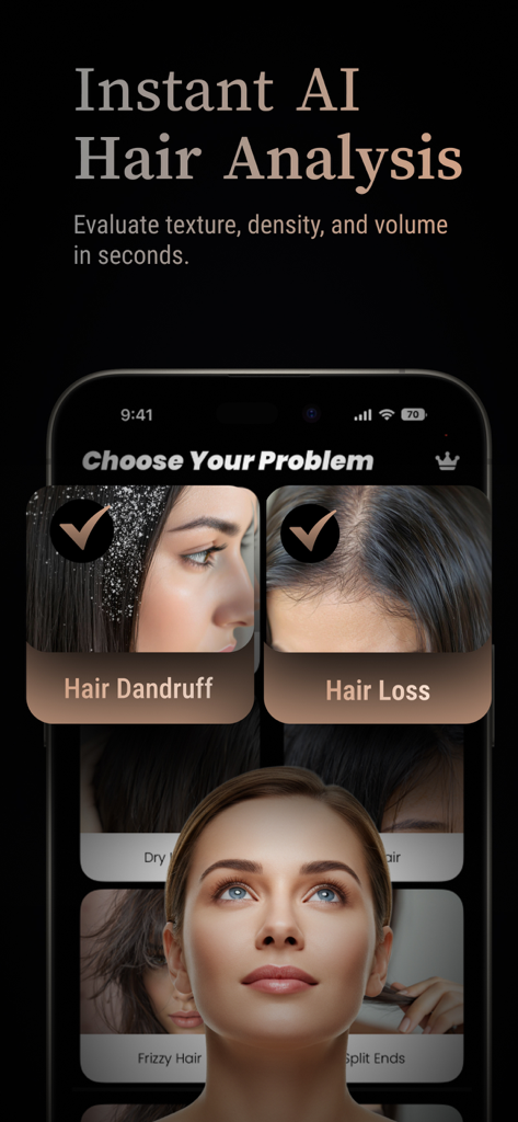 Screenshot of Hairlytics app showing the AI hair analysis problem selection screen.