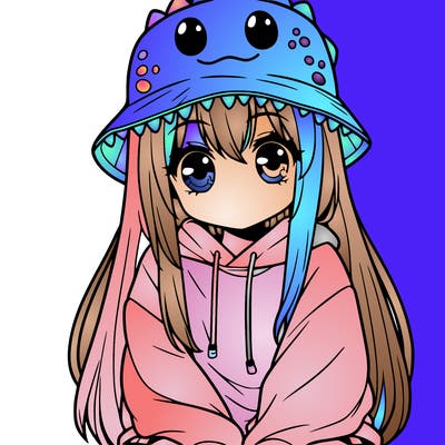 girl with anime shaped eyes with a dinosaur bucket hat oversized sweatshirt long straight hair