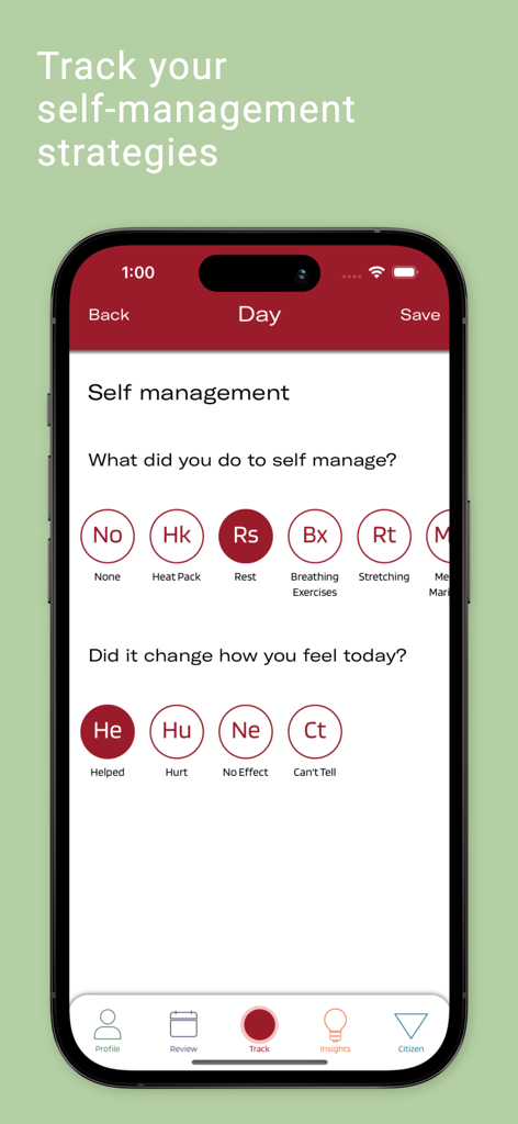 Phendo - Screenshot of the Phendo app interface showing the self-management feature to track endometriosis symptoms and relief strategies.