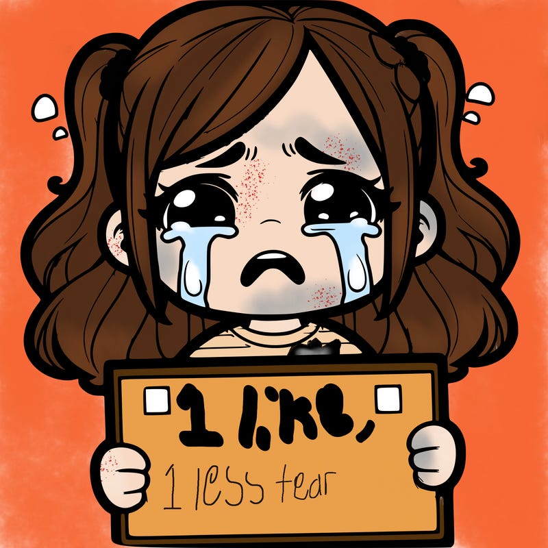 crying girl with sign