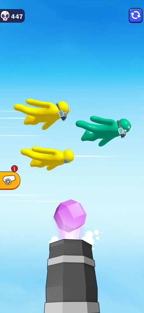 青い空の中で、マスクをしたくだらない空飛ぶキャラクターたちに向けて発射するキャノン