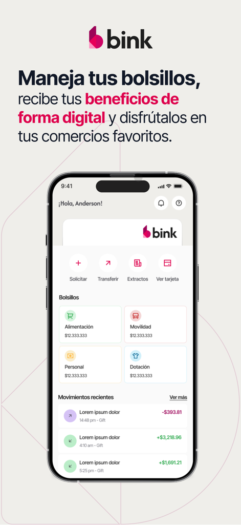 Bink Card - Panel de la aplicación móvil Bink Card mostrando los bolsillos digitales de beneficios para alimentación, movilidad y gastos personales.