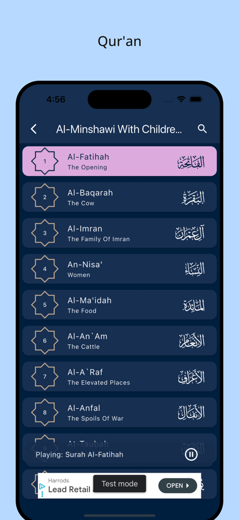 A screenshot of the Al-Minshawi With Children One mobile app showing a list of Quranic surahs including Al-Fatihah and Al-Baqarah.