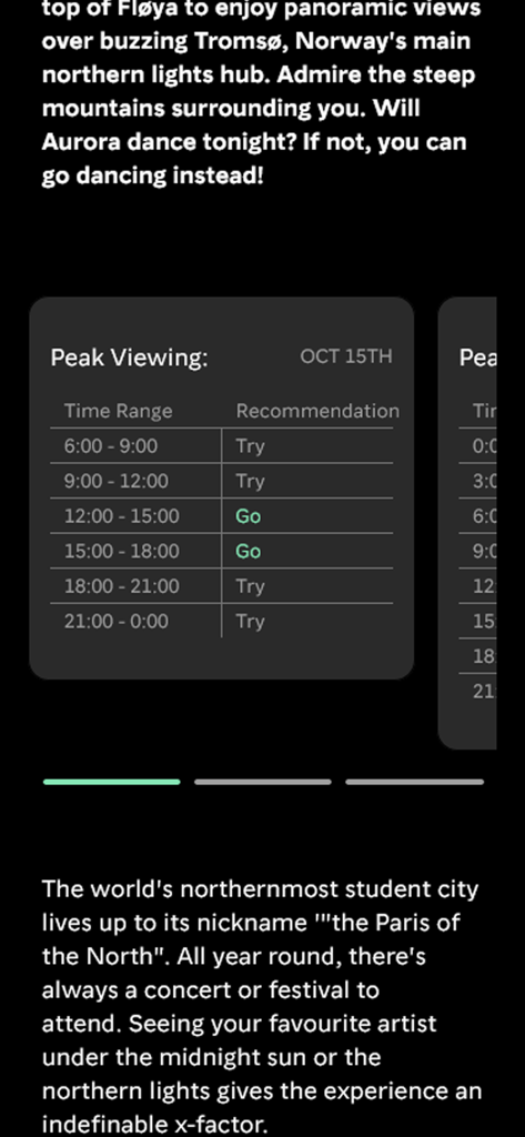 Norway Lights - Norway Lights app screenshot showing hourly peak viewing recommendations for aurora activity in Tromso