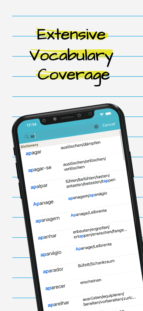 Smartphone exibindo resultados de pesquisa do dicionário alemão português com extensa cobertura de vocabulário.