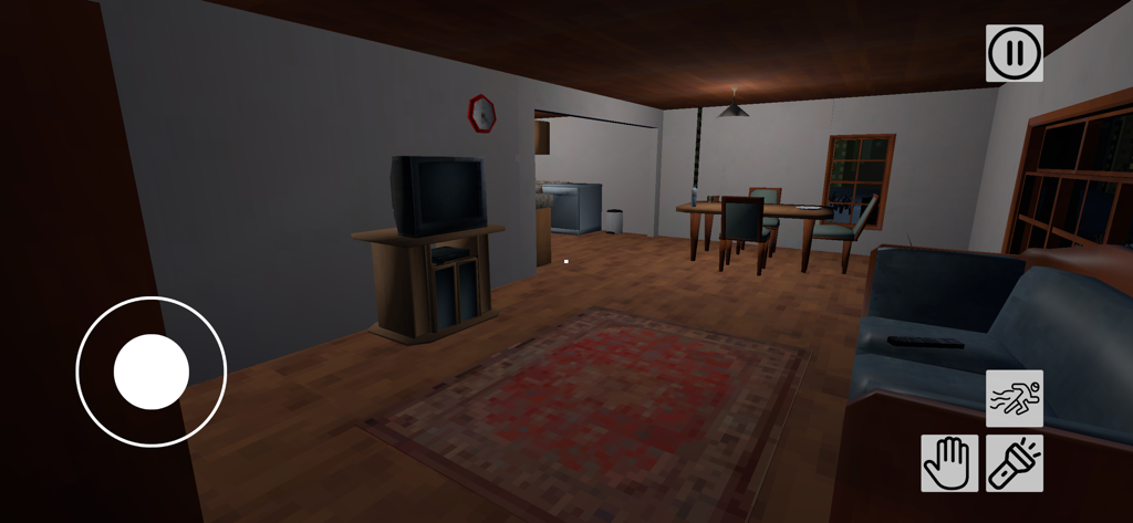 Haunted House: Escape Room - Une vue à la première personne d'un salon faiblement éclairé à l'intérieur d'un manoir effrayant avec des contrôles de jeu à l'écran