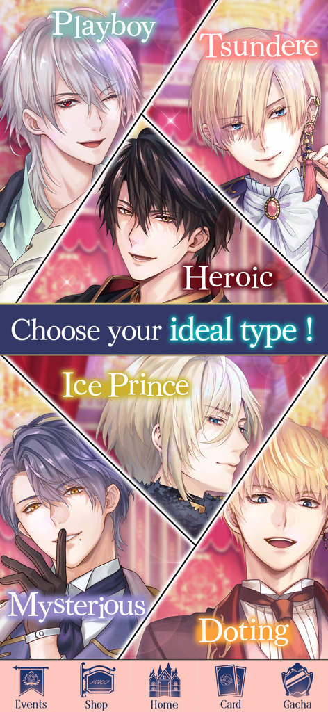 Eine Collage aus sechs Anime-Prinzen aus dem Ikemen Prince-Spiel mit Persönlichkeitsbezeichnungen wie Heldenhaft, Tsundere und Mysteriös.