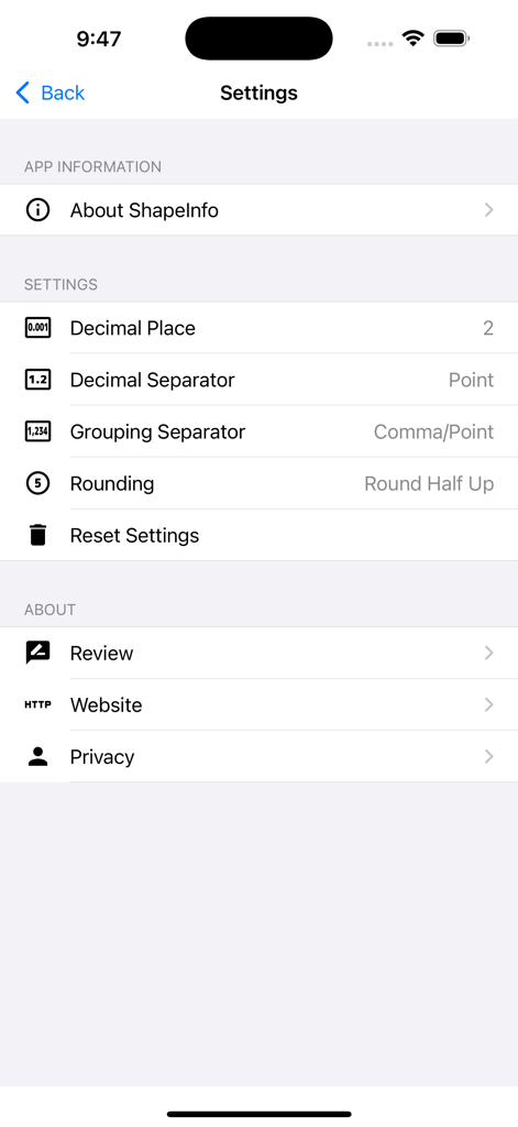 Einstellungsbildschirm der ShapeInfo-Taschenrechner-App mit Präzisions- und Rundungseinstellungen