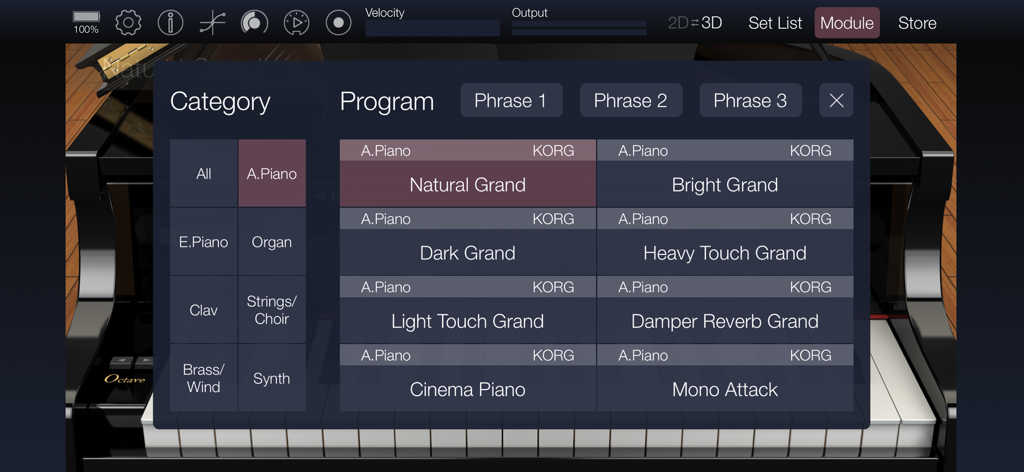 KORG Module Pro - Interfaz de la aplicación KORG Module Pro que muestra el menú de selección de sonido de piano acústico con varios programas de piano de cola