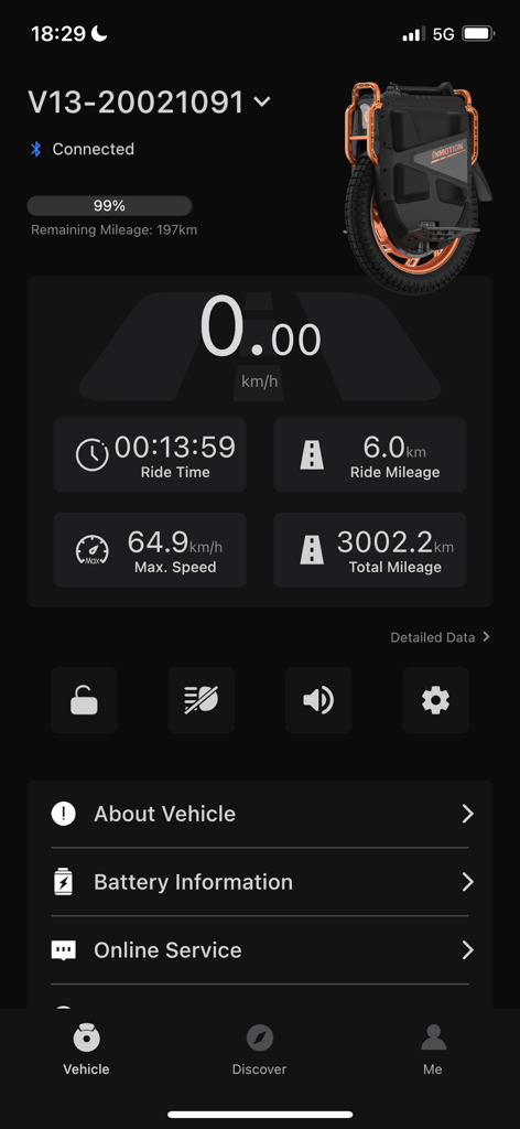InMotion app dashboard displaying real-time ride metrics and battery info for an electric unicycle