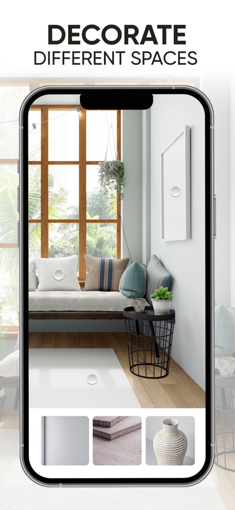 Redecor - Home Design Game - Una interfaz de diseño de interiores 3D fotorrealista en la aplicación Redecor que muestra la personalización de una habitación iluminada por el sol.