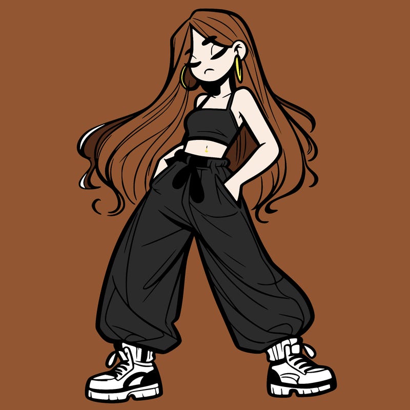 girl in baggy pants crop top and long hair