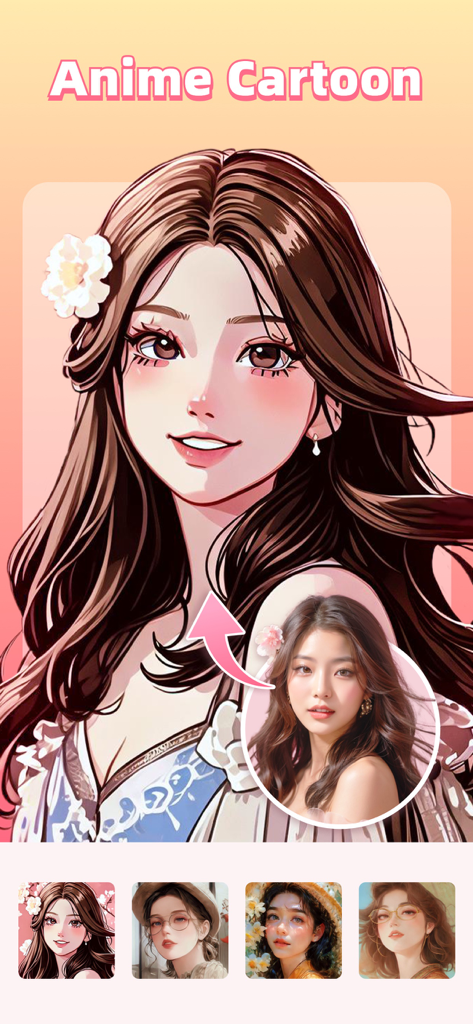 Piscmate - Photo Editor - A mobile app screenshot of Piscmate showing an AI-powered anime cartoon filter transforming a woman's portrait photo into a stylized character.