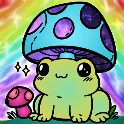 a cute frog with a mushroom hat