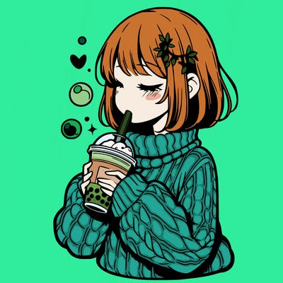 manga girl drinking boba in cozy sweater