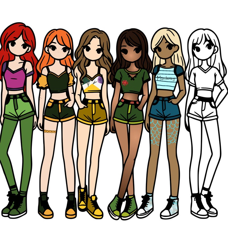 a group of girls wearing crop tops and shorts